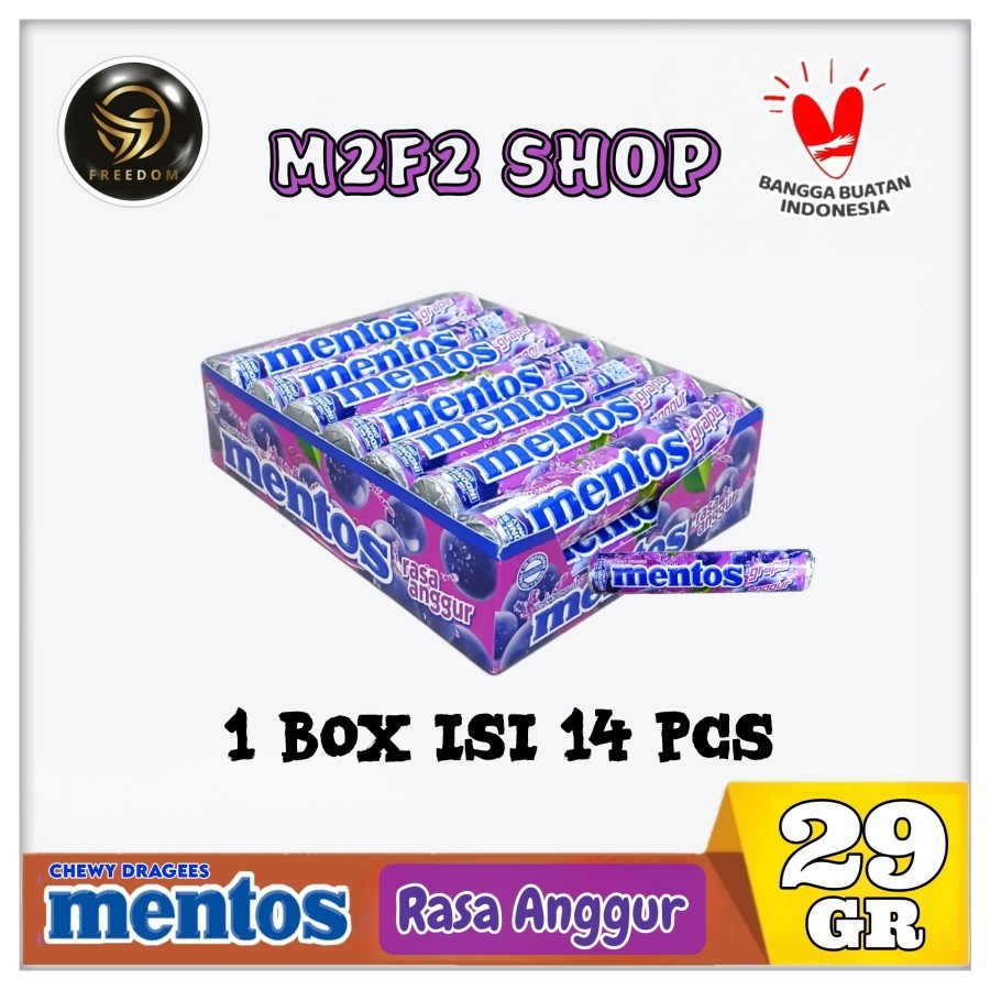 

Mentos GRAPE Chewy Dragees Candy Roll | Permen Kembang Gula Rasa Anggur - 29 gr (Kemasan 1 Box)