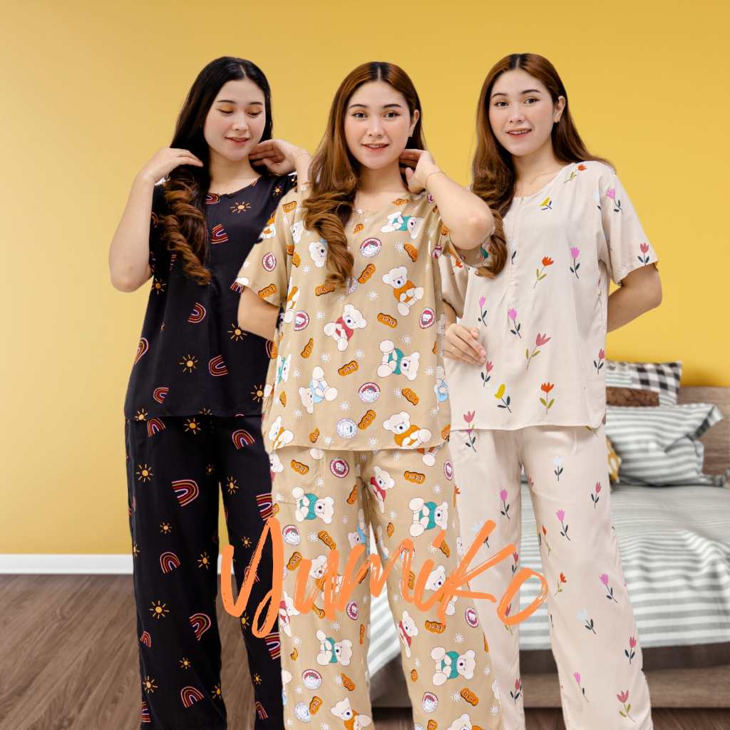 Yumiko Set Babydoll Busui Rayon Premium by XAENA / Setelan Piyama Wanita Baju Tidur Celana Panjang