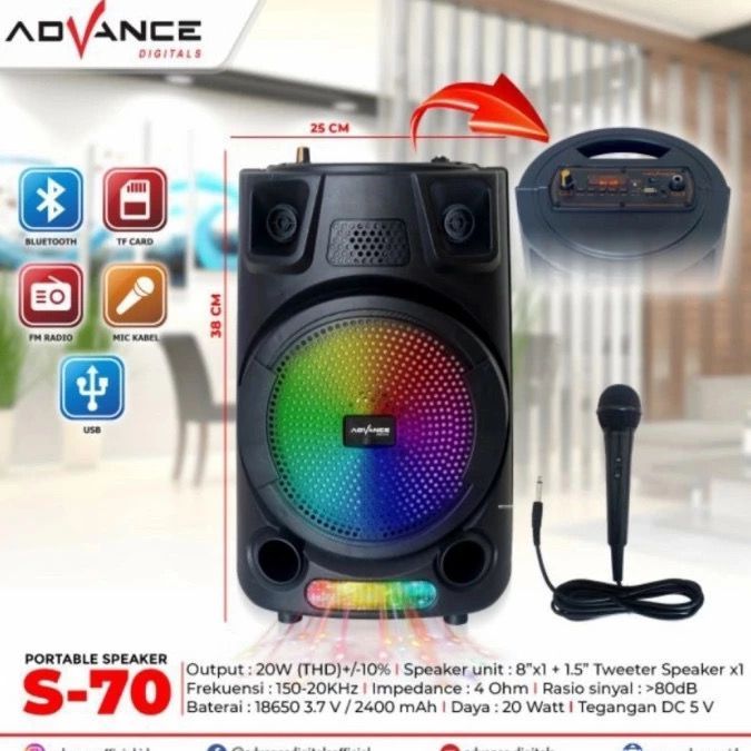 Speaker Advance S-70 Bluetooth + Mic Karaoke Advance S70 Speaker mic Wirelles Portable + mic kabel