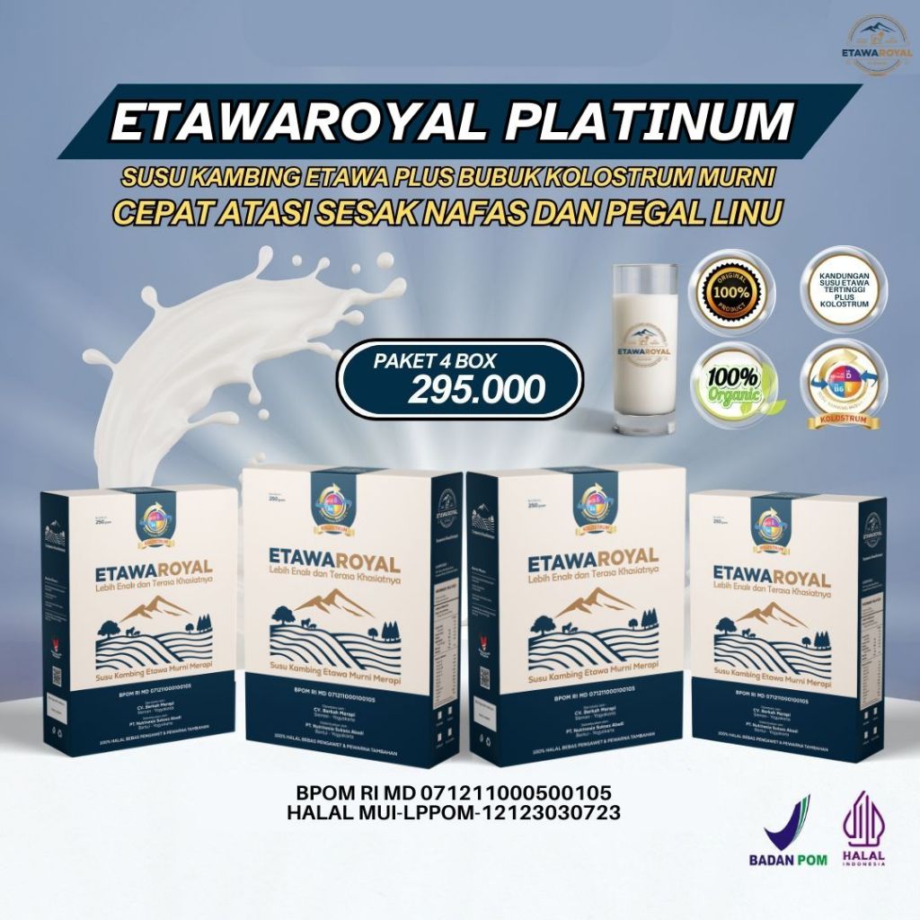 

Susu Kambing Etawaroyal Platinum - Perubahan merk Etawaplus Platinum Asli Paket HEMAT 4BOX 1kg - Susu Etawa Untuk Batuk2, Bronchities, Susu Bubuk Etawa Untuk Kesehatan Pernafasan, Persendian, Rematik, Pegal Linu Resmi BPOM