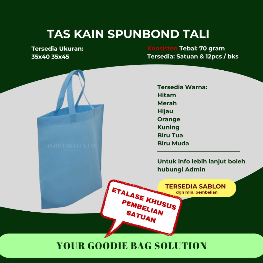 

Goodie Bag Tas Belanja Spunbond Model SatuanTALI REAL 70GSM Ukuran 35x40 35x45 Kantong Kain Souvenir