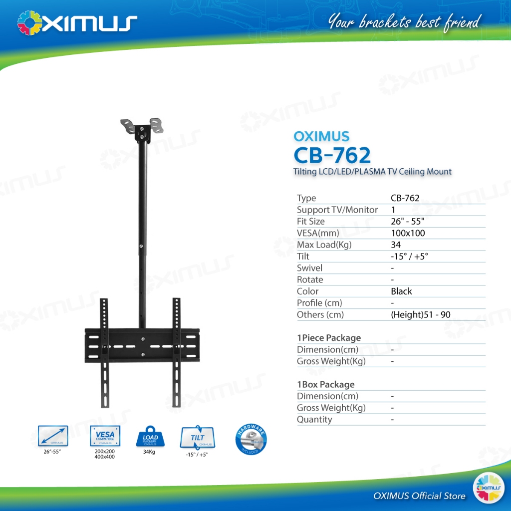 BRACKET TV CEILING GANTUNG PLAFON OXIMUS CB762 26"-55" TILT SWIVEL