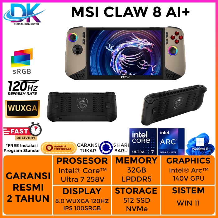 MSI CLAW 8 AI+ ULTRA 7 258V 32GB 512GB W11 8.0 WUXGA 120HZ IPS 100SRGB