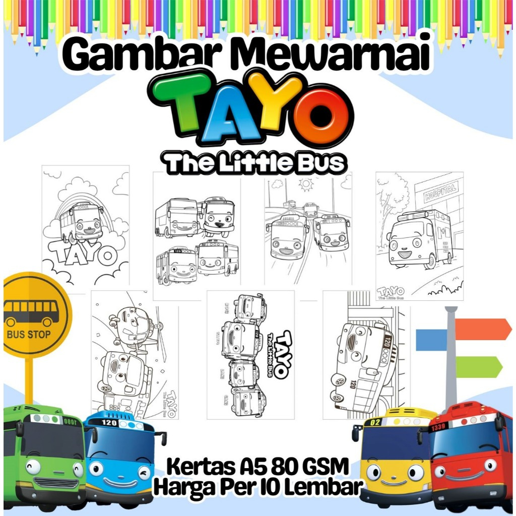 

10 Lembar Kertas A5 Gambar Mewarnai Tema BUS TAYO Termurah - Anak Anak TK SD PAUD Remaja