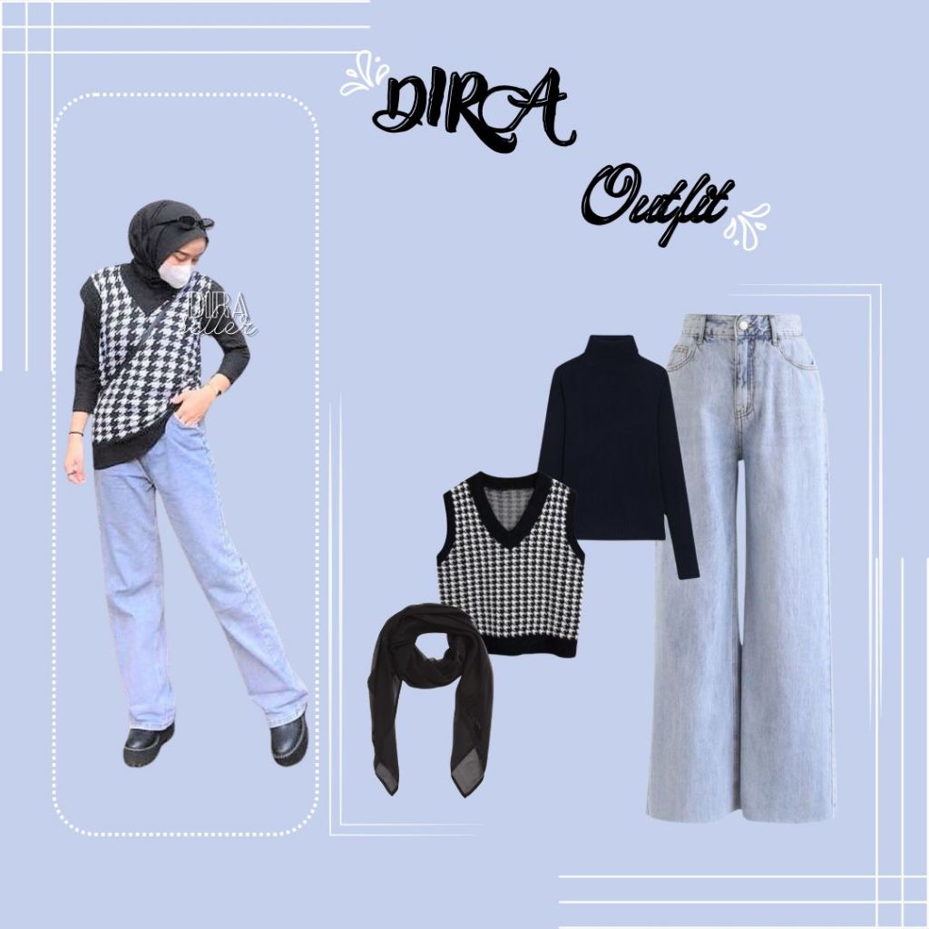 DR 478 - outfit dira hijab square hitam jennie vest hitam inner manset hitam dan loose pant light bl