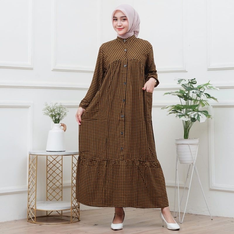Gamis Midi Rayon Import Motif Kotak Kekinian / Gamis Dress Wanita Muslimah Terbaru/ Gamis Rayon