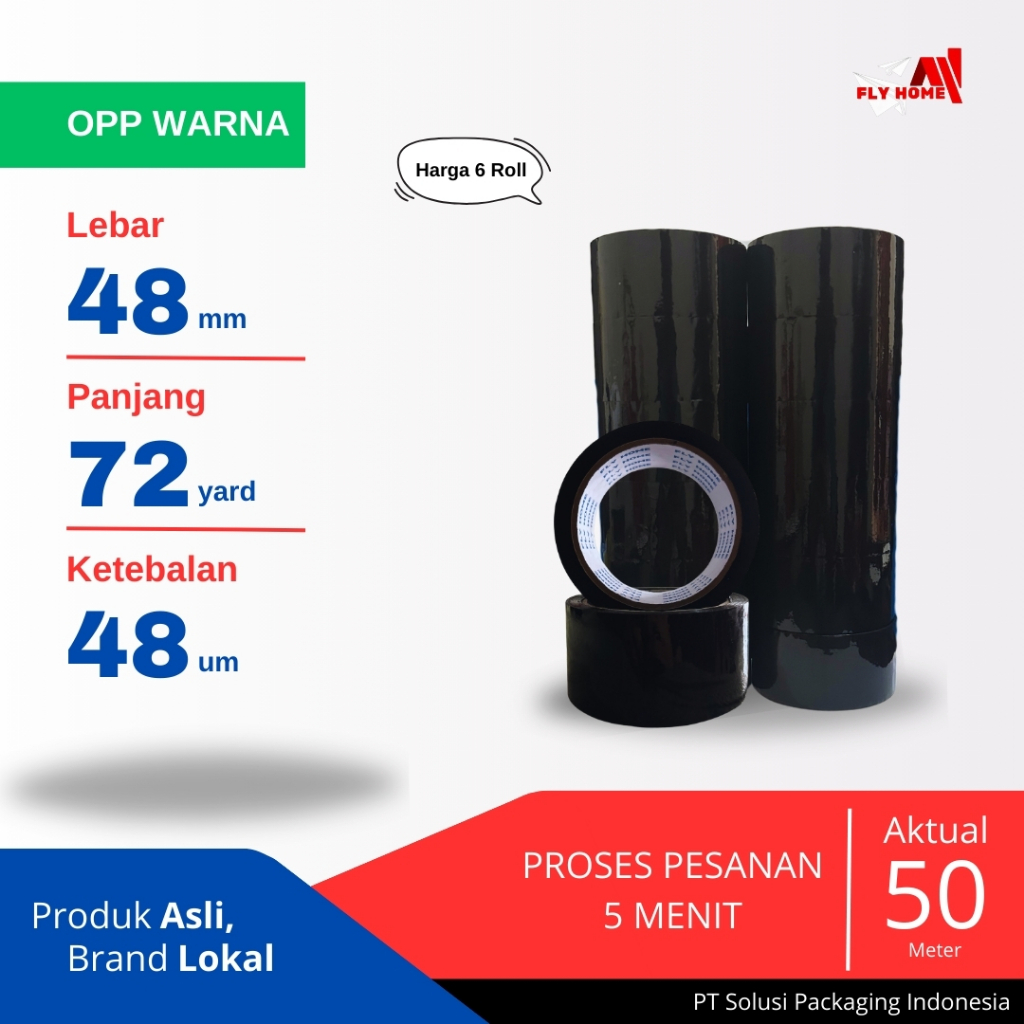 

FLYHOME Lakban warna hitam 72 yard 6 roll 48mm x 72yard 2inchi ECO