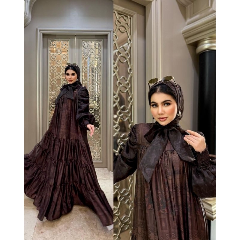 Shellasaukia Dress Set Hijab Baby Doll Pita Kombi Organza Premium Gamis Syari Jumbo Baju Kondangan M