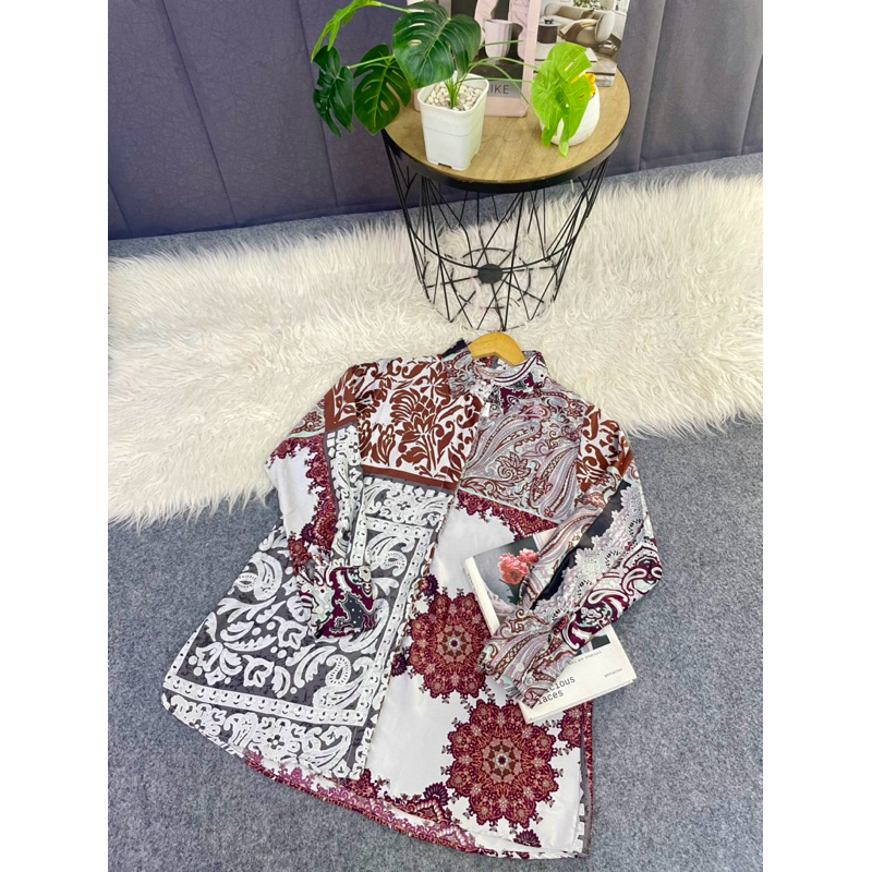 KEMEJA MOTIF IMPORT BANGKOK BAHAN SATIN SILK ADEM MOTIF CANTIK