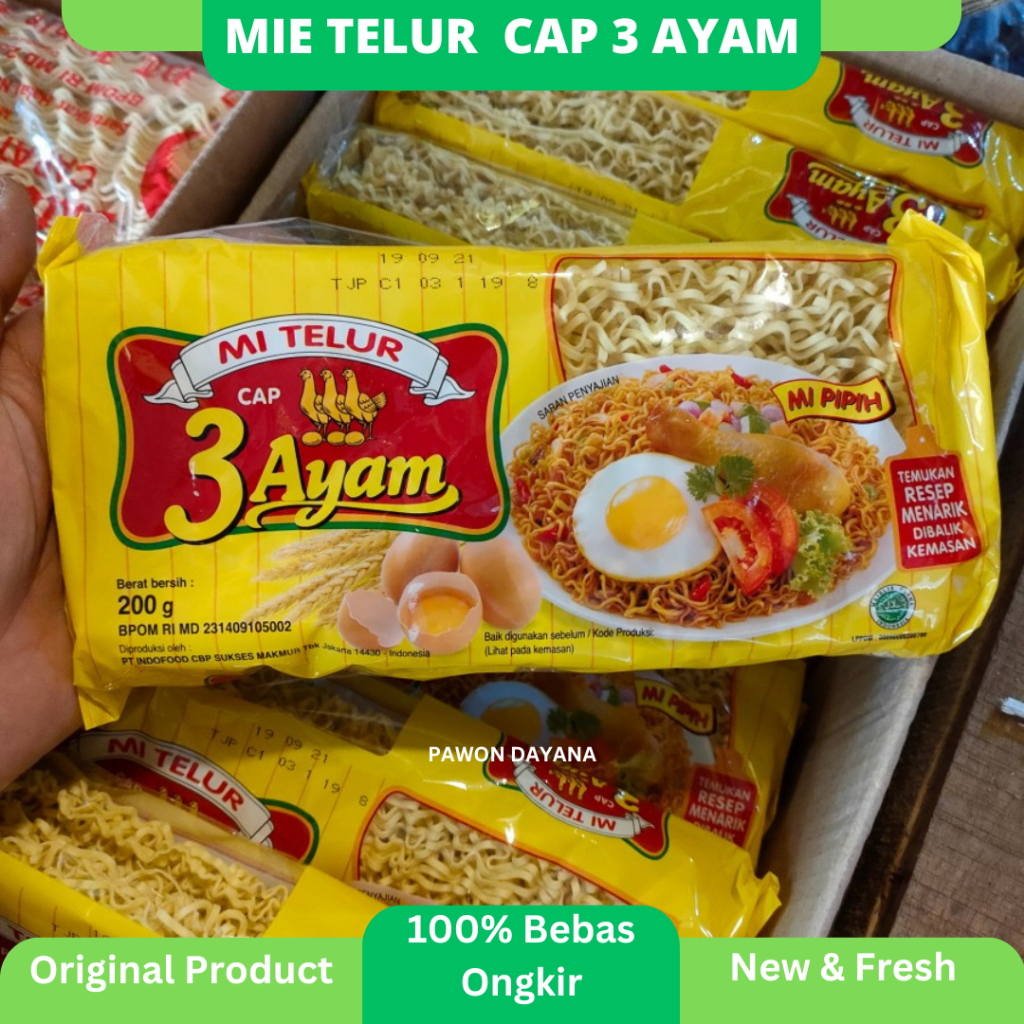 

Mie Telur Cap 3 Ayam 200gram / Mi Telur Kuning Kering / Mie 3 Ayam Kuning