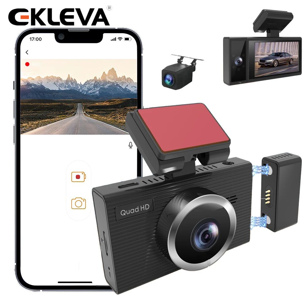 EKLEVA 3 Kamera DVR Mobil, Kamera Dasbor 3 Saluran 2K + 1080P + 1080P HD Magnetik Lensa Dapat Dilepa