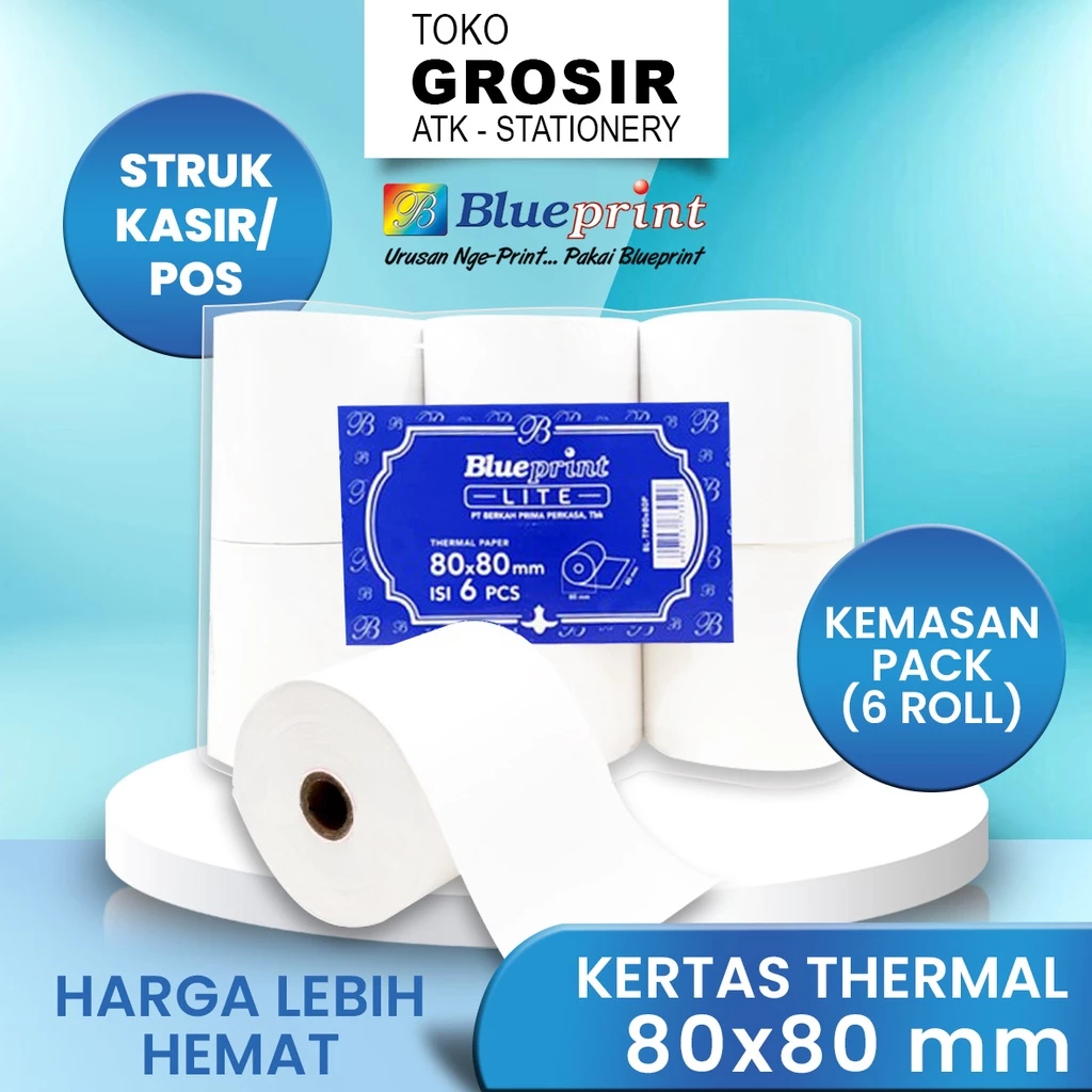 

(LIVE) 80x80 (P) KERTAS KASIR STRUK (KEMASAN PACK) KERTAS THERMAL TERMAL EDC PPOB BLUEPRINT LITE 80MM X 80