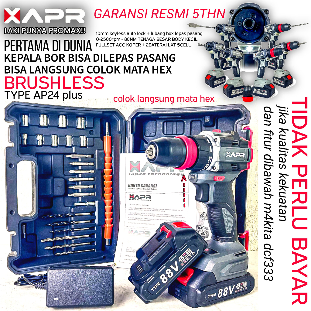 BOR BATERAI BRUSHLESS AP24+ DRIVER 10MM 2 BATERAI APR BOR TANGAN ALAT TEKNIK PERKAKAS