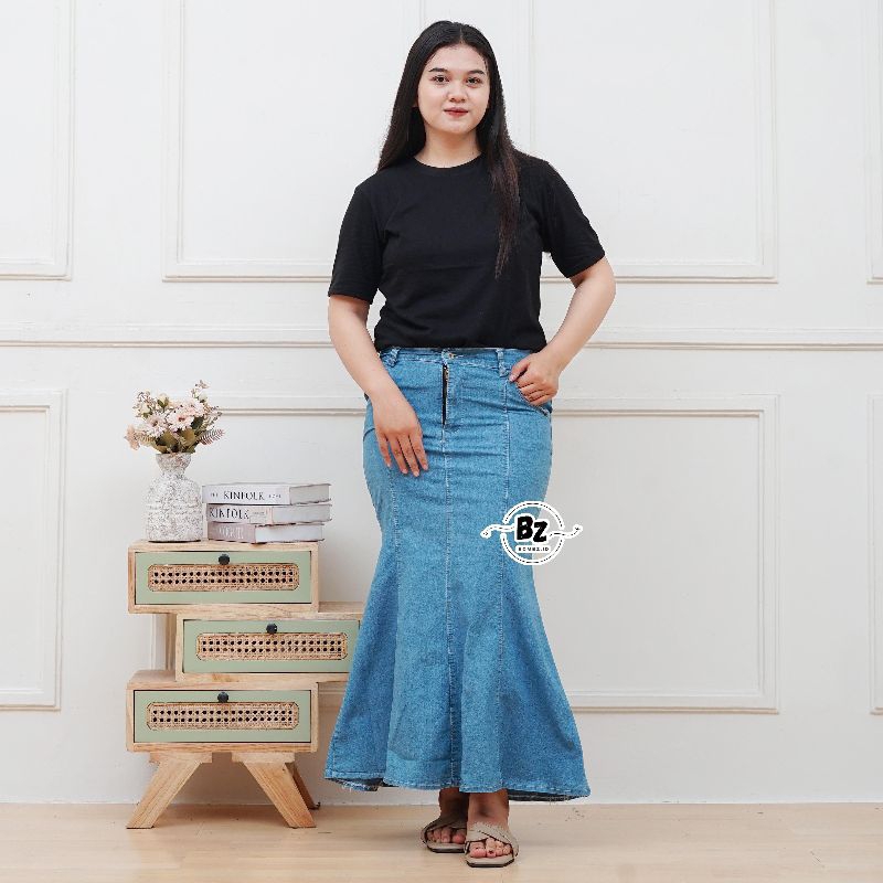 Rok jeans mermaid jumbo / rok duyung jumbo panjang bahan tebal Stretch premium
