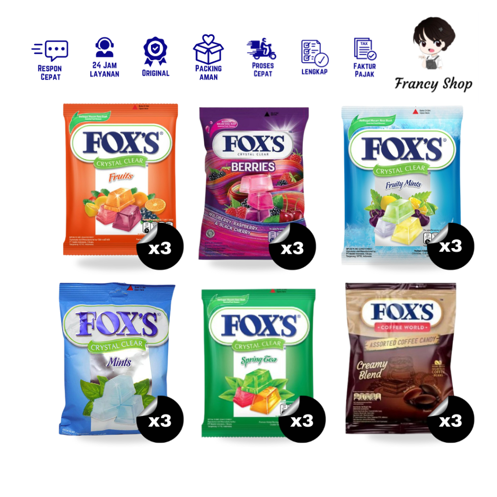 

Permen Fox's Crystal Clear Fruits / Berries / Fruity Mints / Mints / Spring Tea / Coffe Creamy 90 gr x3 Pcs