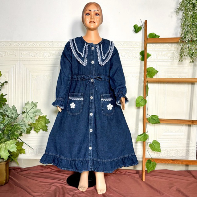 SEMI GAMIS JEANS ANAK USIA 3 - 10 TAHUN / DRESS JEANS RENDA BUNGA / GAMIS JEANS ANAK TERBARU KERAH D