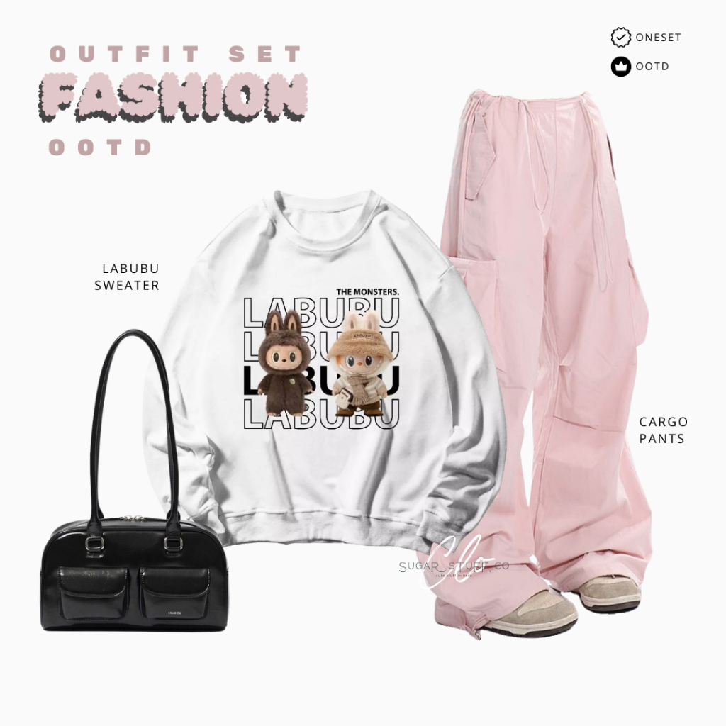 C07 - One Set Outfit Fashion Labubu Sweater Cargo Pants