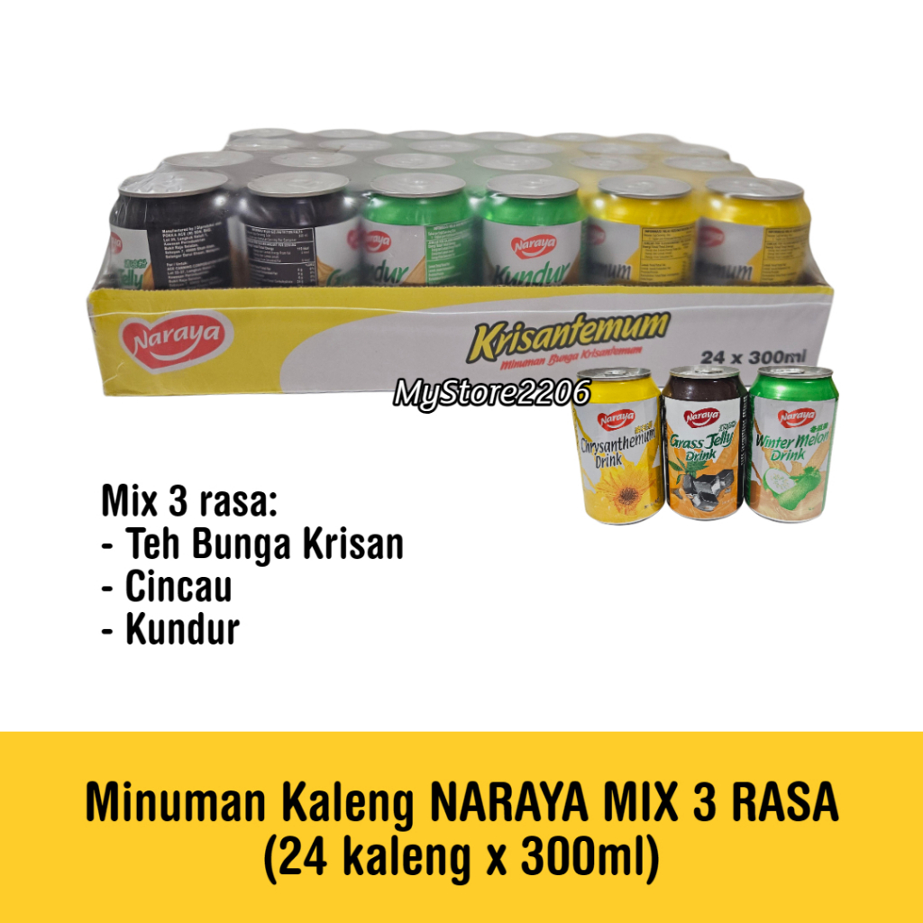 

Minuman Kaleng / Soft Drink merek Naraya rasa MIX (Sarsi Oren Cincau Kundur Krisantemum Teh Bunga)