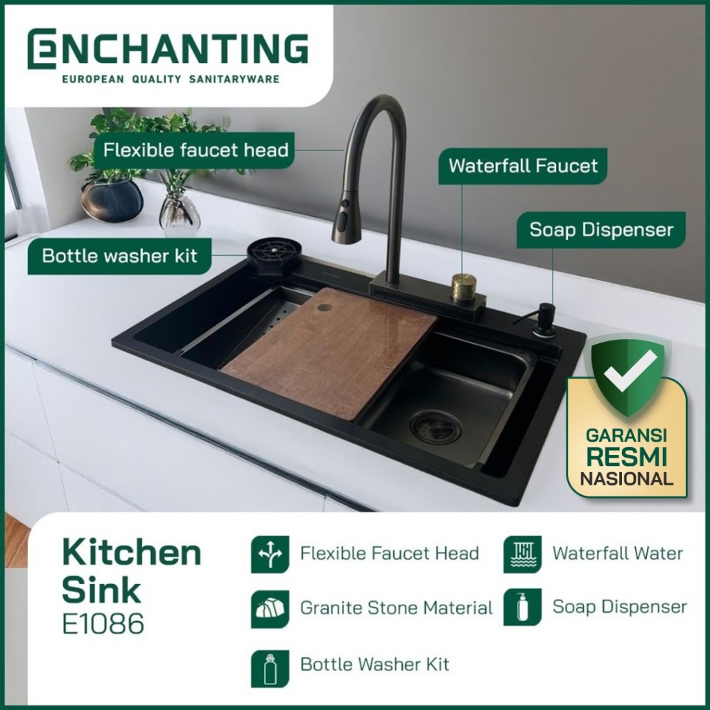 ENCHANTING Kitchen Sink Bak Cuci Piring Dapur Granite 1 Bowl Topmount Black E1086