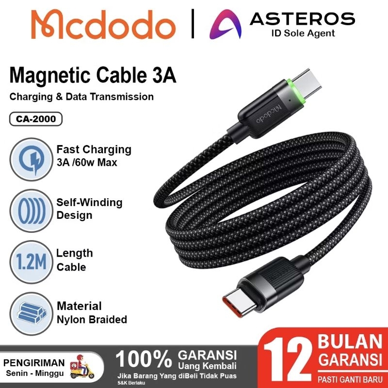 MCDODO Kabel Data Type C to Type C Magnetic Self-Winding Fast Charging 60W 65W 100W