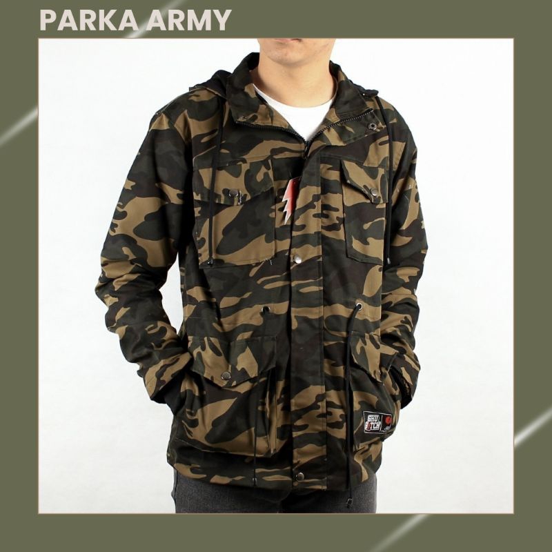 JAKET PARKA CANVAS PRIA MOTIF ARMY LORENG, JAKET OUTDOOR GUNUNG ARMY TEBAL PRIA, PARCA JACKET MURAH