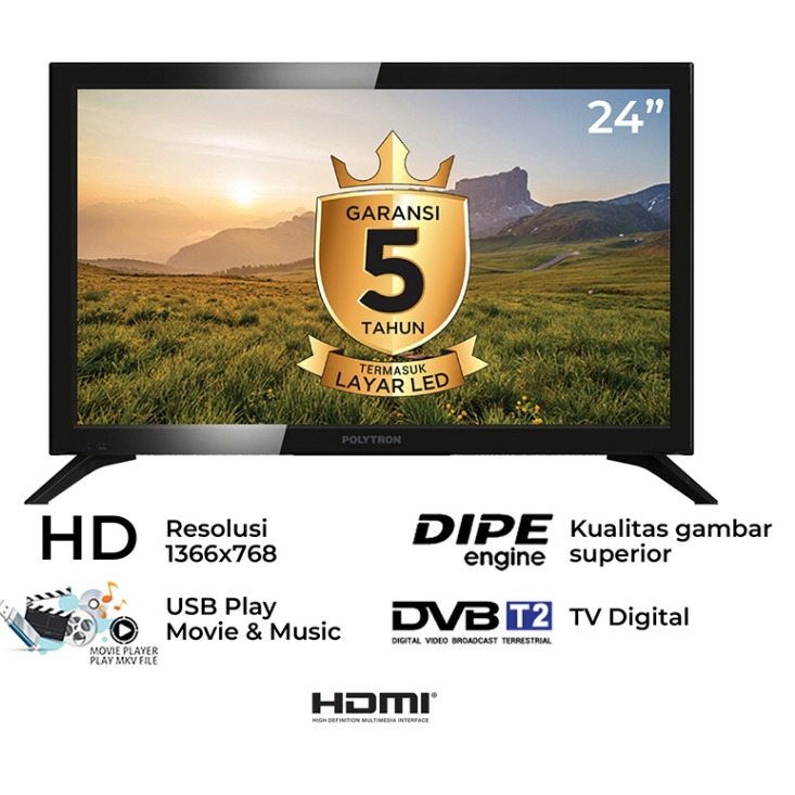 TV LED DIGITAL POLYTRON 24 Inch 24" Digital TV DVBT2 Garansi Resmi