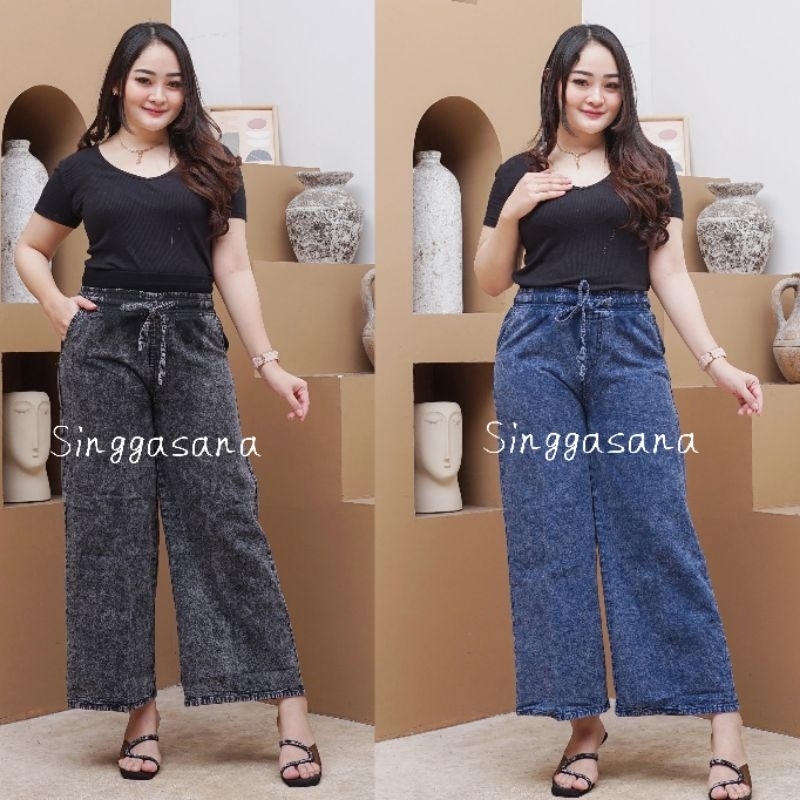 KULOT JEANS HIGHWAIST -All Size- PINGGANG KARET - TALI DEPAN