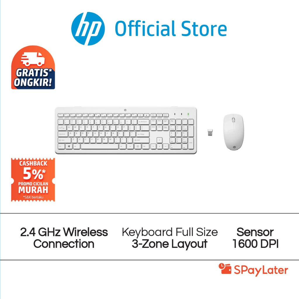 Mouse Wireless and Keyboard Combo HP 230 White 2.4 GHz Wireless Connection 1600 DPI Garansi 1 Tahun 