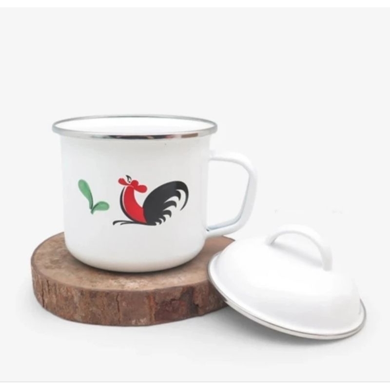 MUG AYAM JAGO + TUTUP / MUG ENAMEL / MUG KOPI / MUG AYAM / MUG MINUM / MUG AYAM