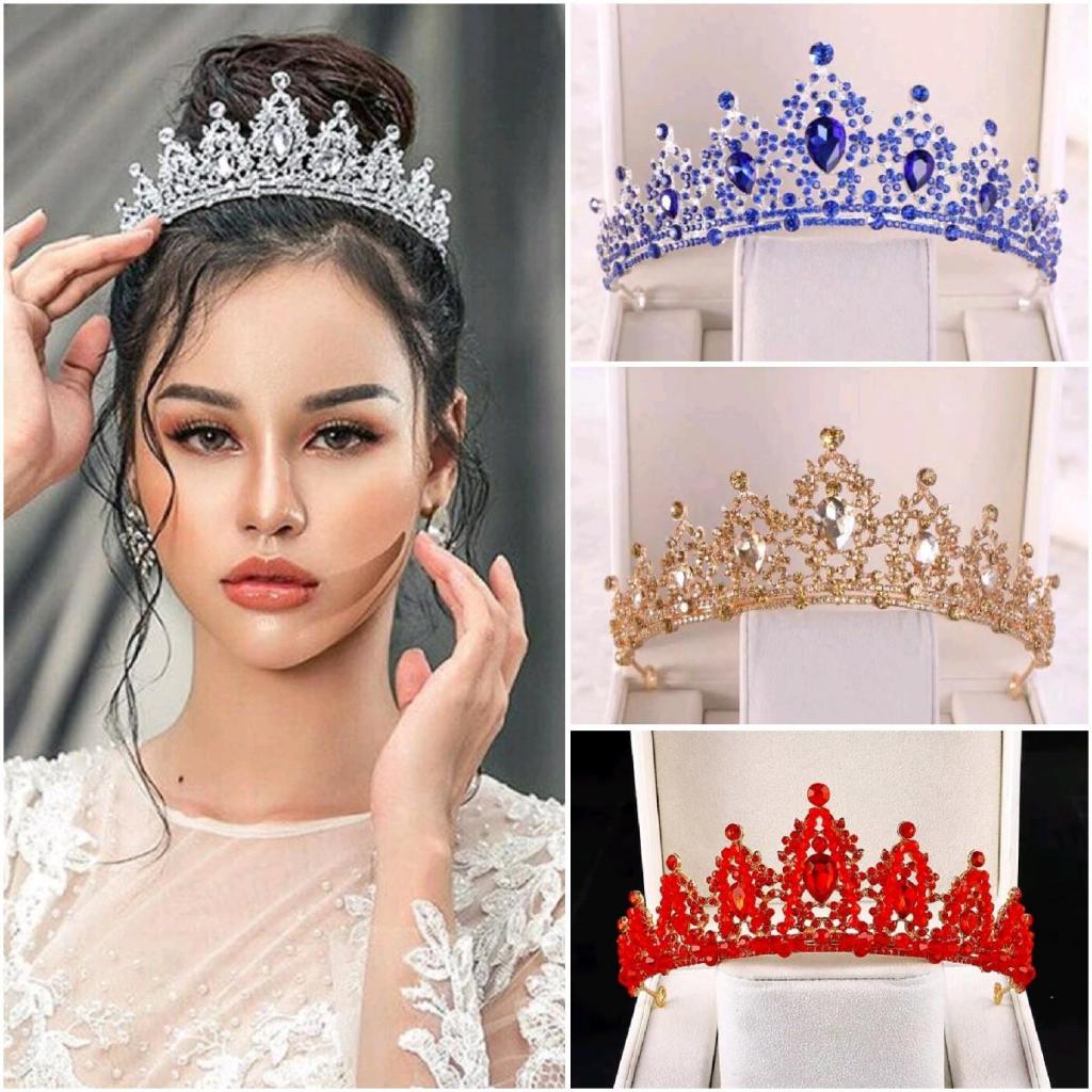 Chava Crown - Mahkota Pengantin Tiara - Wedding Bridal Silver Gold Blue pink red