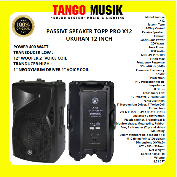 PASSIVE SPEAKER 400 WATT TOPP PRO 12 INCH X12 ORIGINAL (HARGA 1 UNIT)