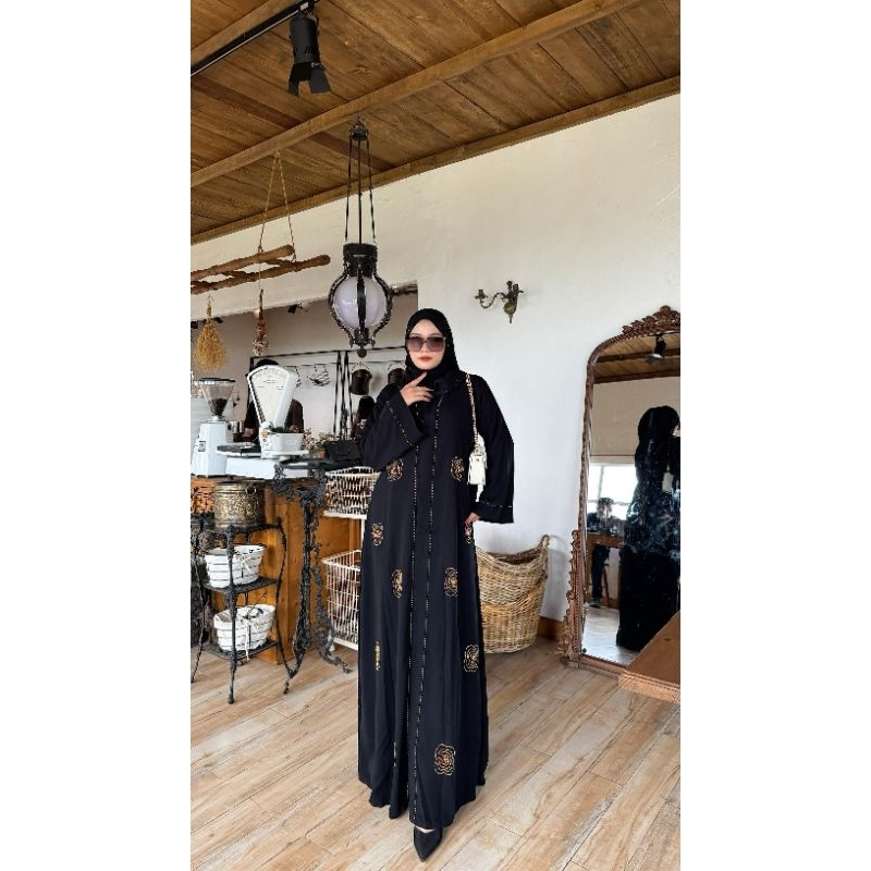 Abaya hitam terbaru arab dress muslim swarovski mawar gold turki dress umroh