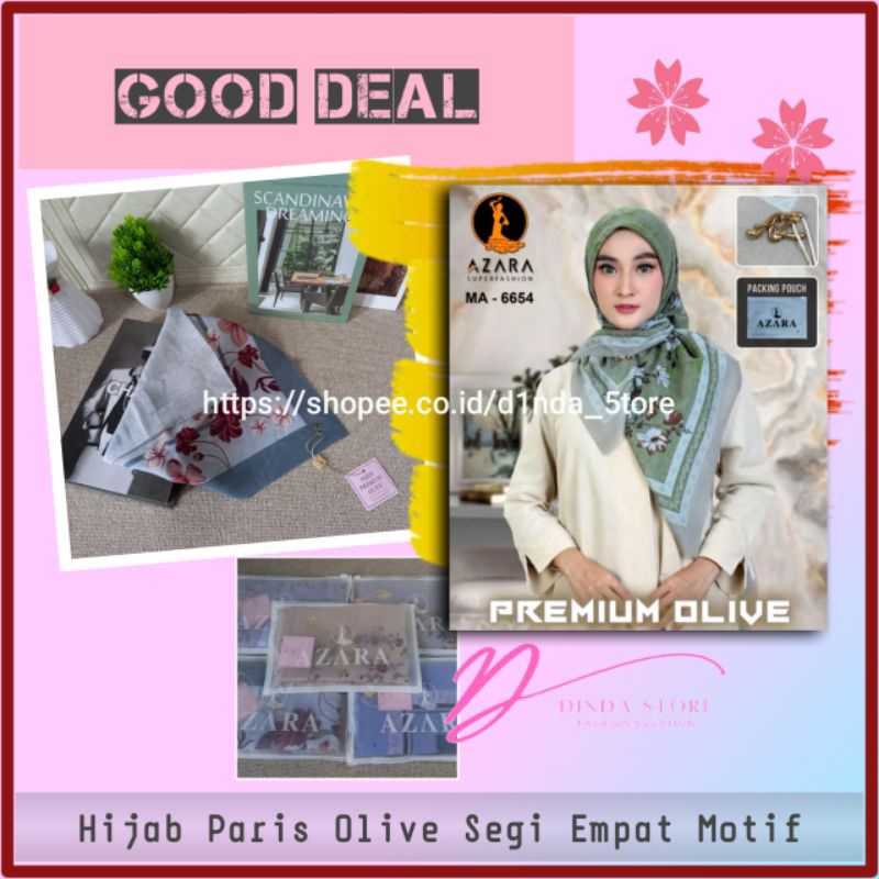 Hijab Motif Segi Empat Paris Premium Olive Jilbab Azara Kerudung Wanita Fashion Muslim Packing Pouch