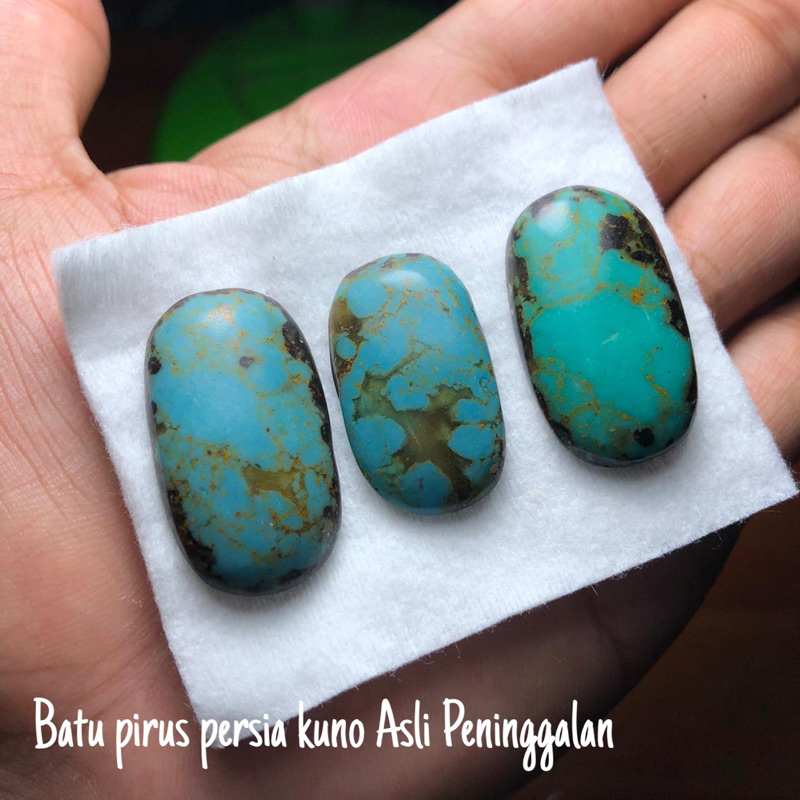 Batu Pirus Kuno Serat Emas Asli Persia Hijau kebiruan