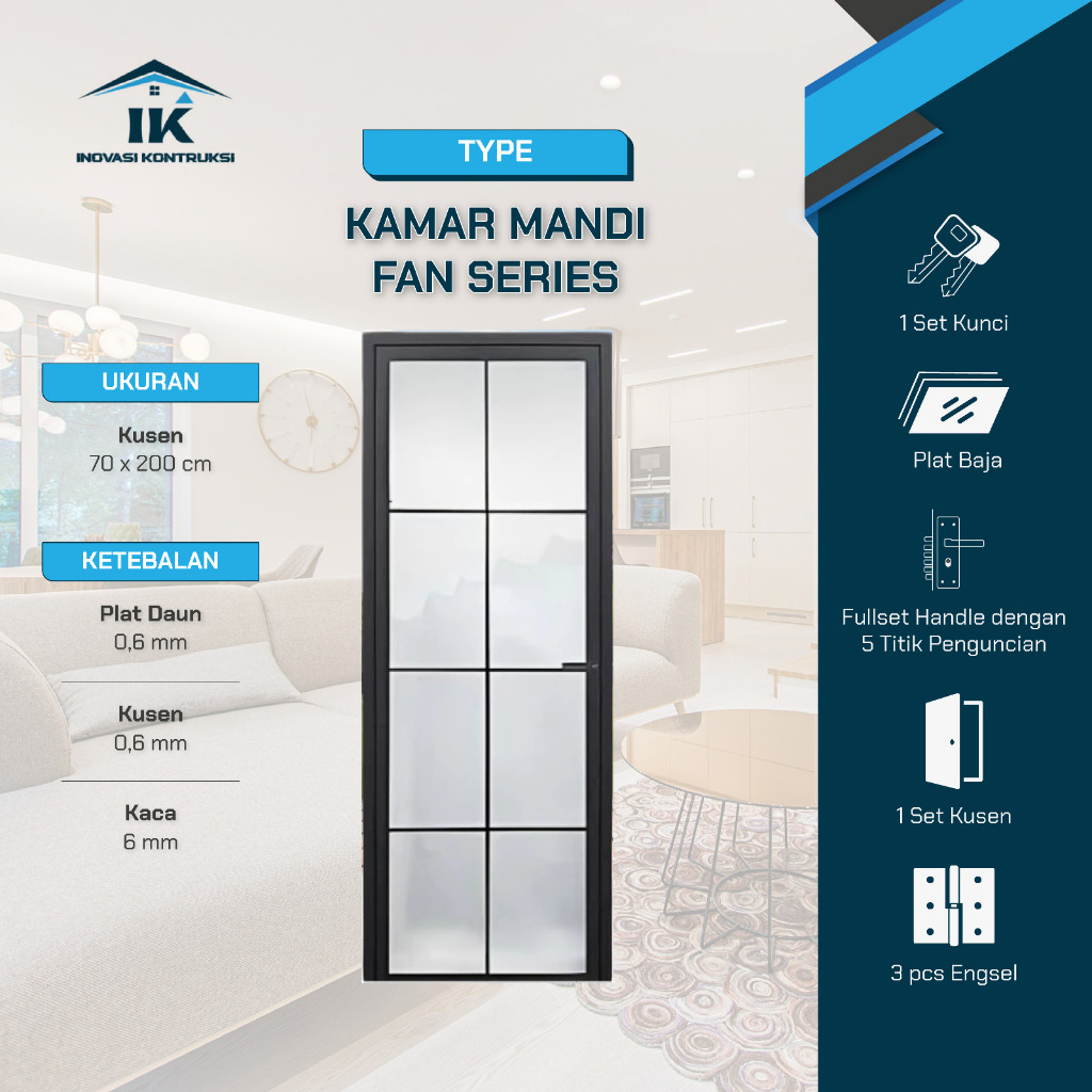INOVASI KONTRUKSI - (TOILET FAN SERIES) Pintu Kamar Mandi Aluminium Full Kaca Anti Pecah Alumunium M