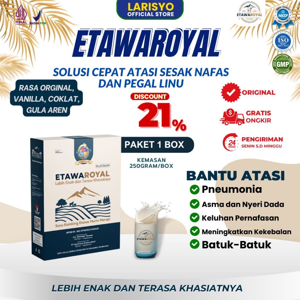 

Susu Kambing ETAWAROYAL Platinum - Untuk Sesak Nafas dan Nyeri Dada - Kemasan 250 Gram 1 Box