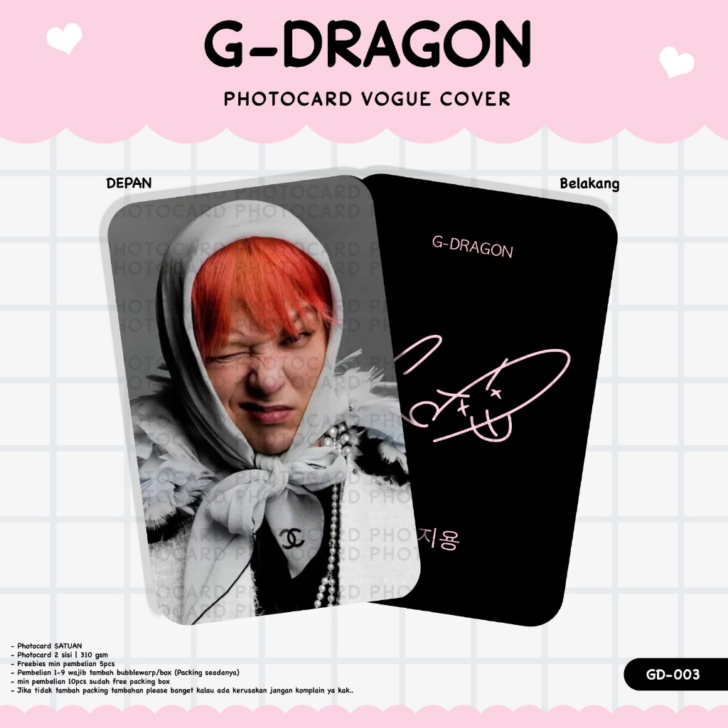 PHOTOCARD TERBARU G-DRAGON VOGUE COVER UNOFFICIAL KOLEKSI TERBARU 2 SISI LAMINASI GLOSSY DEPAN BELAK