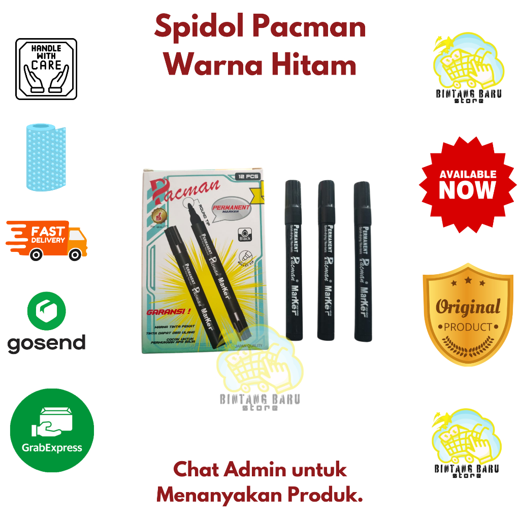 

[HARGA 1 LUSIN] PACMAN - SPIDOL WARNA HITAM PERMANENT - SPIDOL KUALITAS PREMIUM