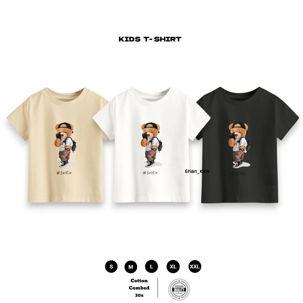 Baju Kaos Anak Teddy Bear Selfy Hitam Anak Laki Laki Perempuan Unisex