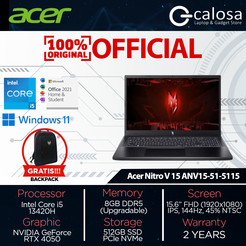 Acer Nitro V 15 5115 intel core i5-13420H RAM 8GB SSD 512GB RTX4050 Windows 11 OHS 2021 Original Dan