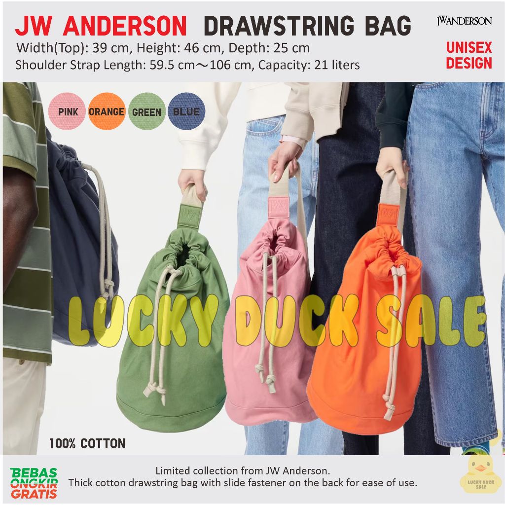 UNIQLO Drawstring Bag JW Anderson Tas Selempang Serut Unisex Katun