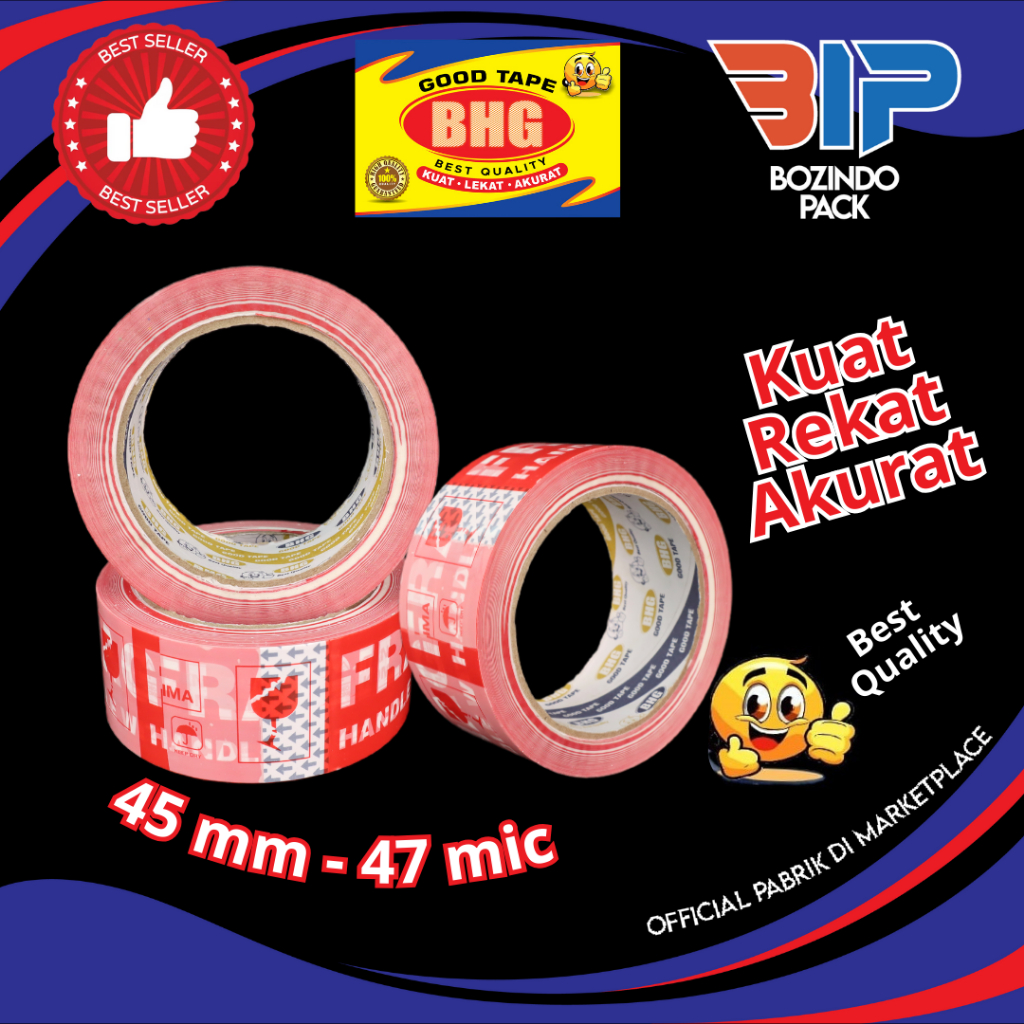 

Lakban Fragile Merah BHG Good Tape OPP Tebal 47 Mic Lebar 45 mm 47 micron Roll