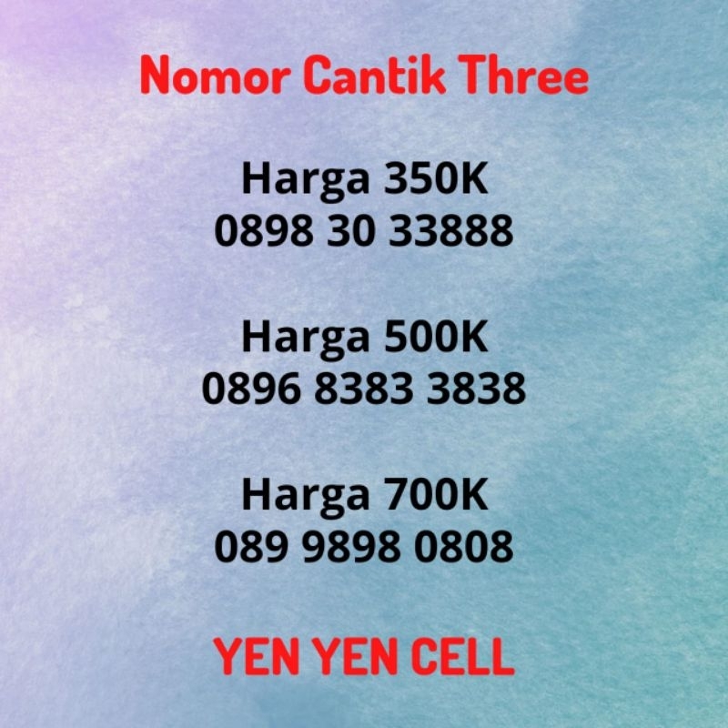 Nomor Cantik Tri Kartu Perdana Three 3 Seri Ujung Triple 8 / Tengah & Ekor ABAB / 3838 Belakang / Ak