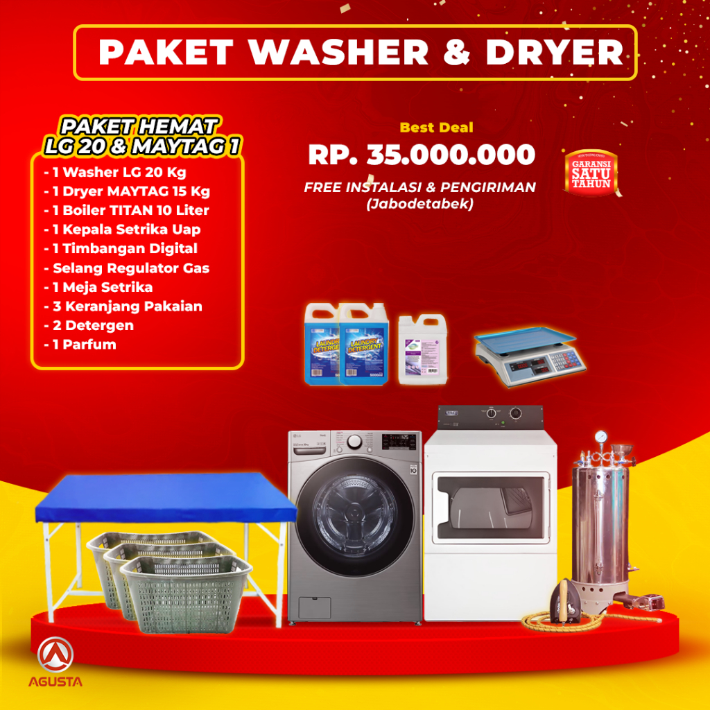 MESIN LAUNDRY NON KOIN PAKET LENGKAP LG 20KG & PENGERING