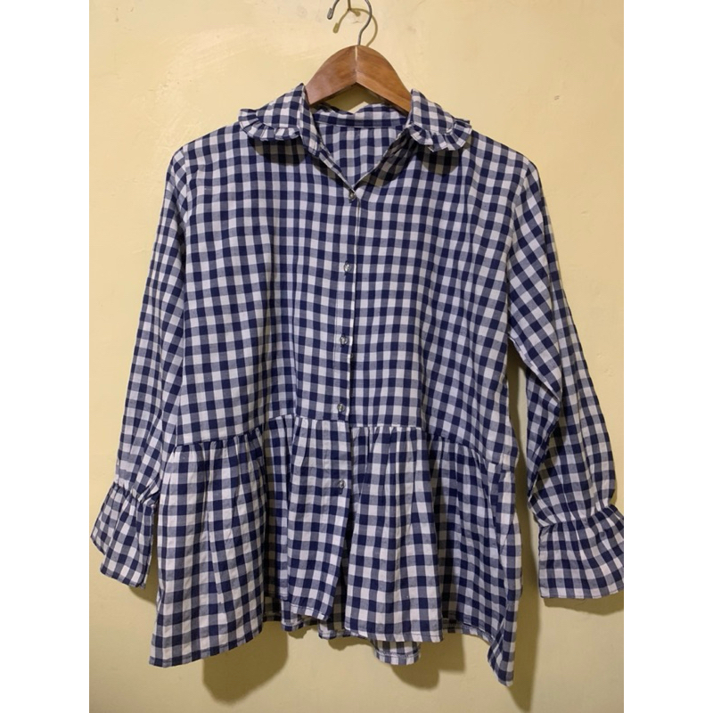 Kemeja Baby Doll Kotak Kotak Navy Katun Wanita