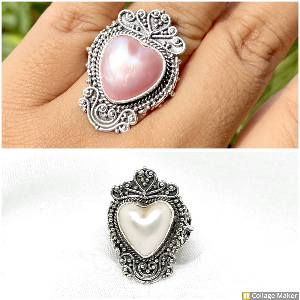 Cincin Ring Perak Silver Bali Asli 925 Mutiara Pearl Mabe Hati Love Wanita Pria Laki Etnik Custom