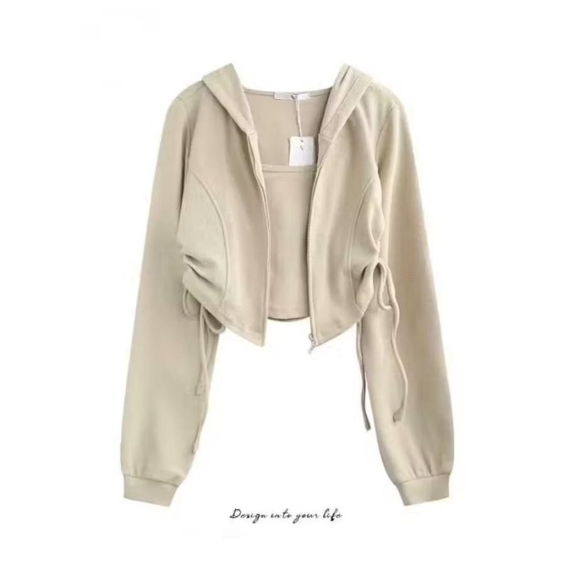 new product adella crop jaket polos wanita model tali serut sweater atasan hoodie zipper wanita