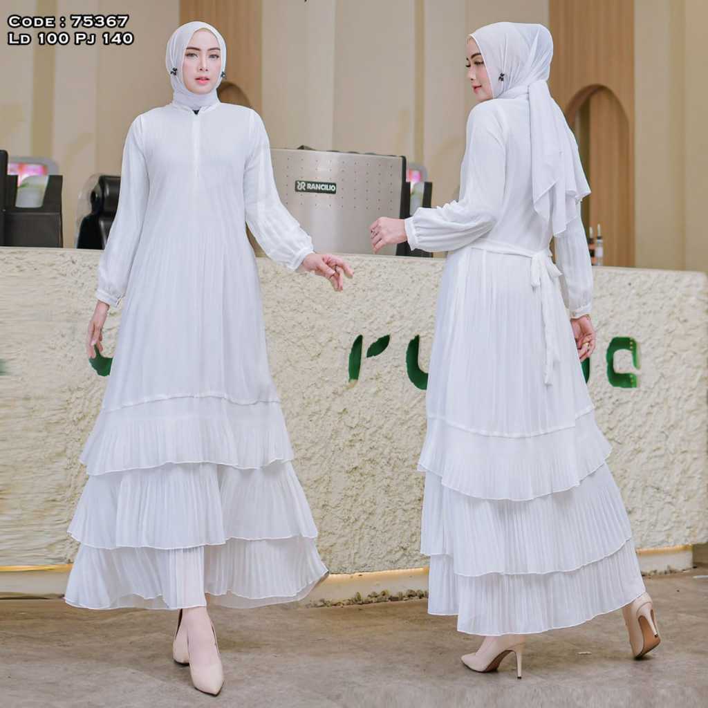 Gamis Ceruty Putih Polos Plisket Rempel Baju Muslim Vima 75367