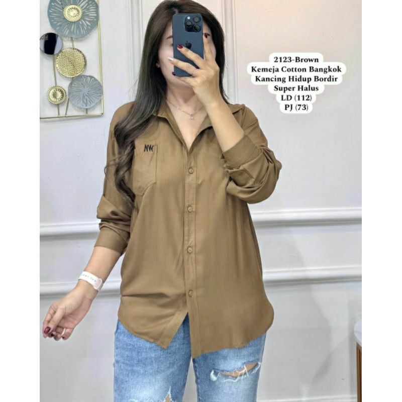2123 - KEMEJA COTTON BANGKOK LENGAN PANJANG FASHION WANITA KEKINIAN KANCING HIDUP BORDIR MOTIF IMPOR