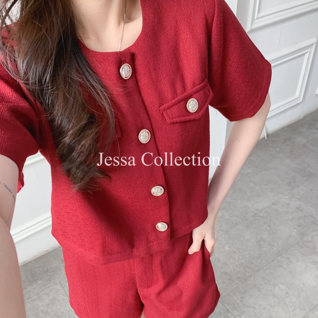 Chani Set VD Setelan Wanita Bahan Tweed Atasan Lengan Pendek Casual Simple